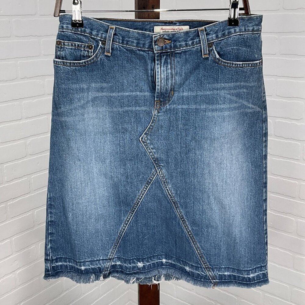 Abercrombie Fitch Skirt Women 6 30W Blue Denim Jean‎ Knee Fringe USA VTG Y2K